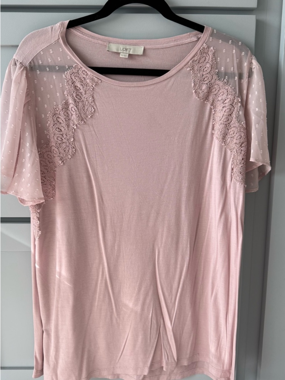 LOFT Blush Pink Lace & Dotted Mesh Short Sleeve Tee